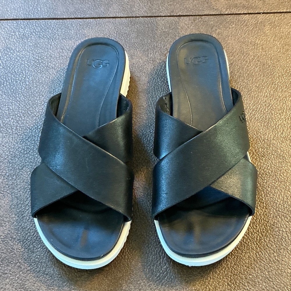 UGG Crisscross Slide Black Leather Sandals, Women’s Size 6